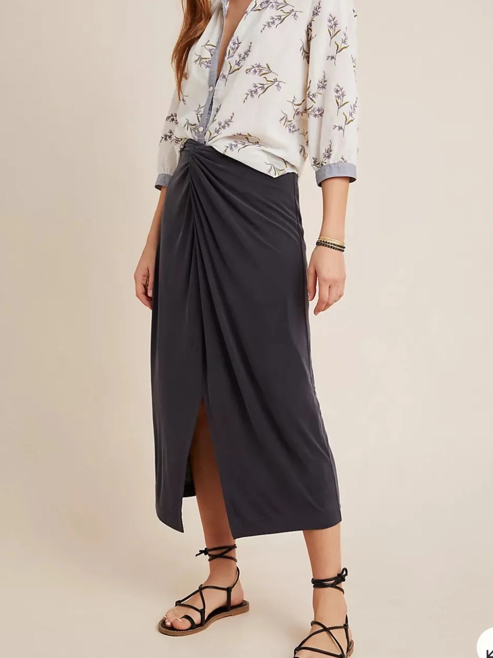 Anthropologie Charcoal Midi Skirt with Twist Front